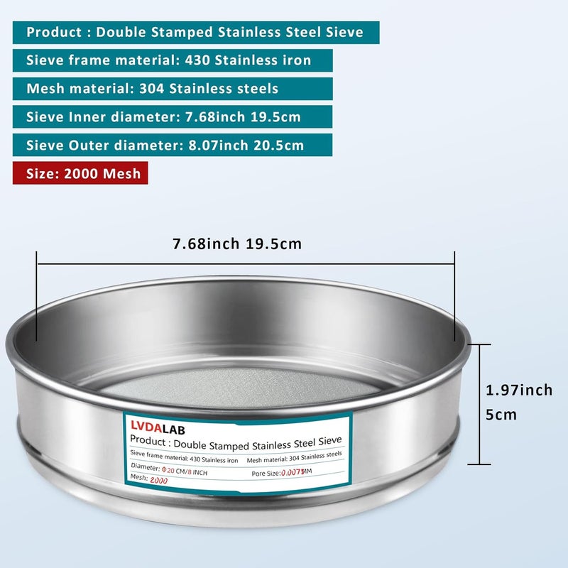 LVDALAB 304 Stainless Steel Mesh Lab Sieve, 2000 Mesh(0.0075mm) Aperture Test Sieve, 7.9Inch(20cm) Diameter Economy Standard Analysis Sample Test Sieves for Industrial Laboratory Homes - Image 2